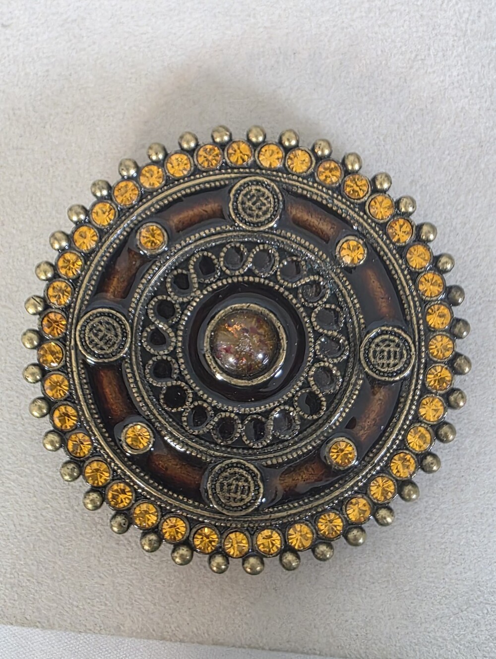Vintage Western Mandala Belt Buckle Amber Rhinestone Antique Brass Round